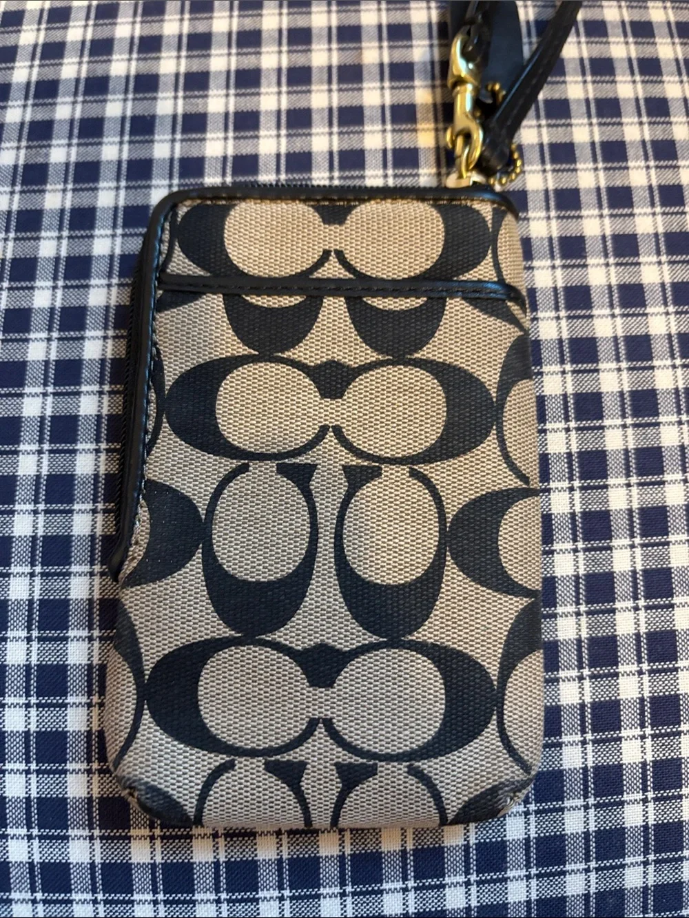 Coach Signature Canvas Phone Wristlet in Khaki and Black with Wrist Strap